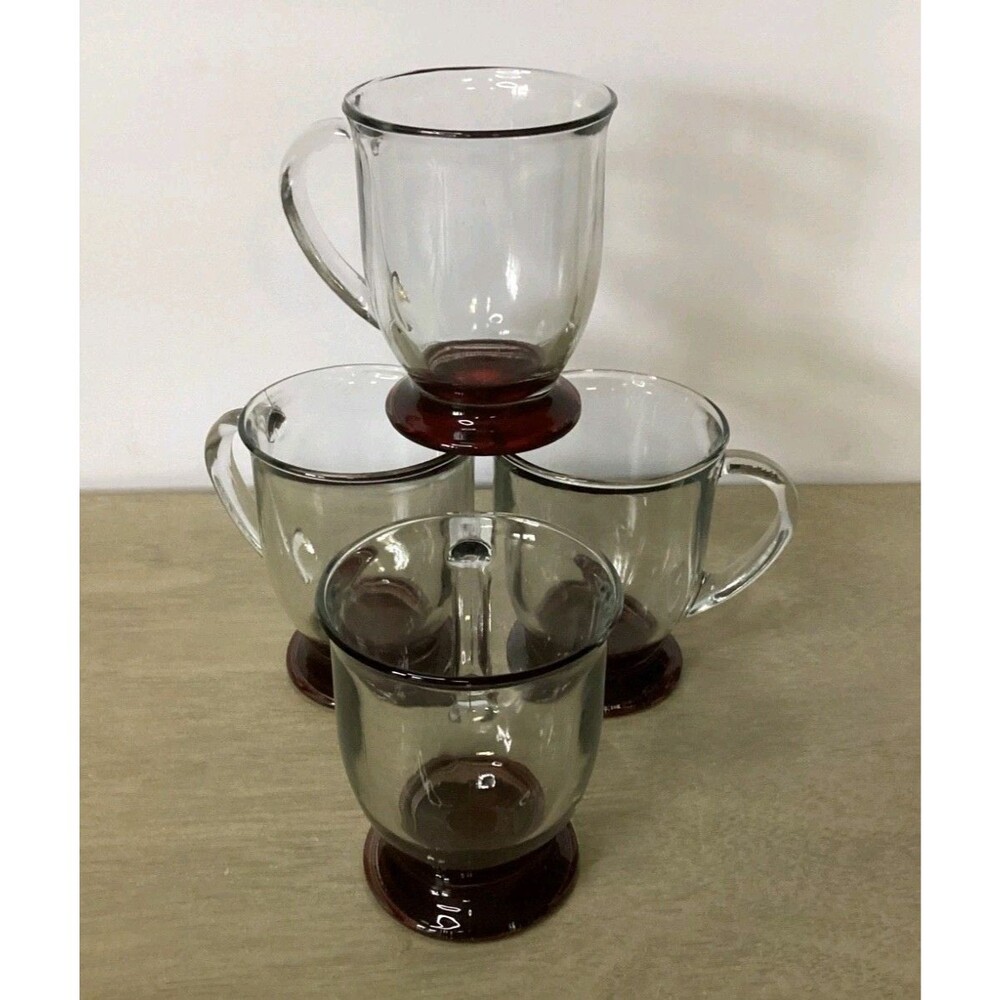 Set 4 Anchor Hocking Café Glass Coffee Mug Red Base 16 Oz Vintage